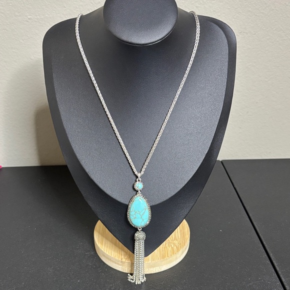 LUCKY BRAND BLUE Turquoise Tassel PENDANT Boho Western Long NECKLACE - Picture 1 of 10